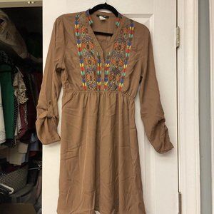 West 36th Embroidered Dress L Brown Button Shirt Dress. Aztec Fall Boho